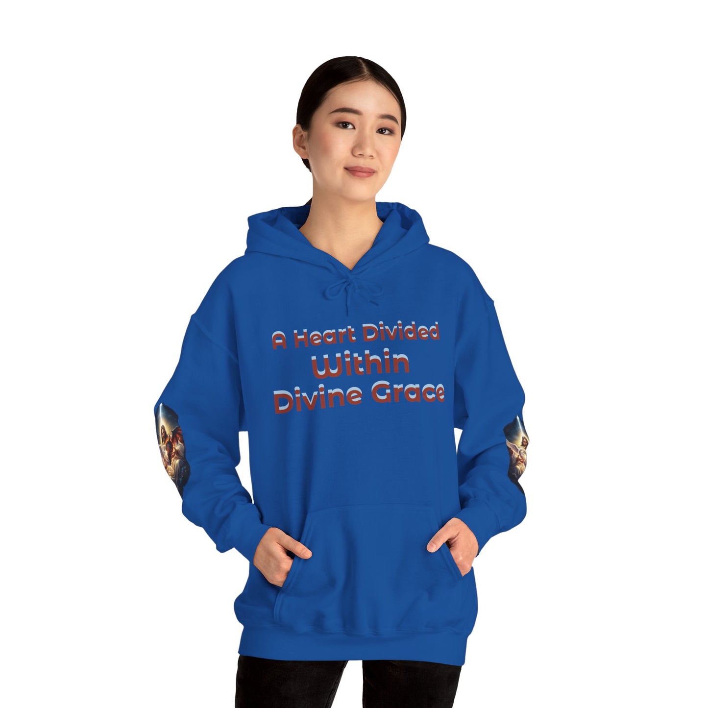 Christian Hoodie – "A Heart Divided Within Divine Grace" Religious Pullover with Angel Artwork