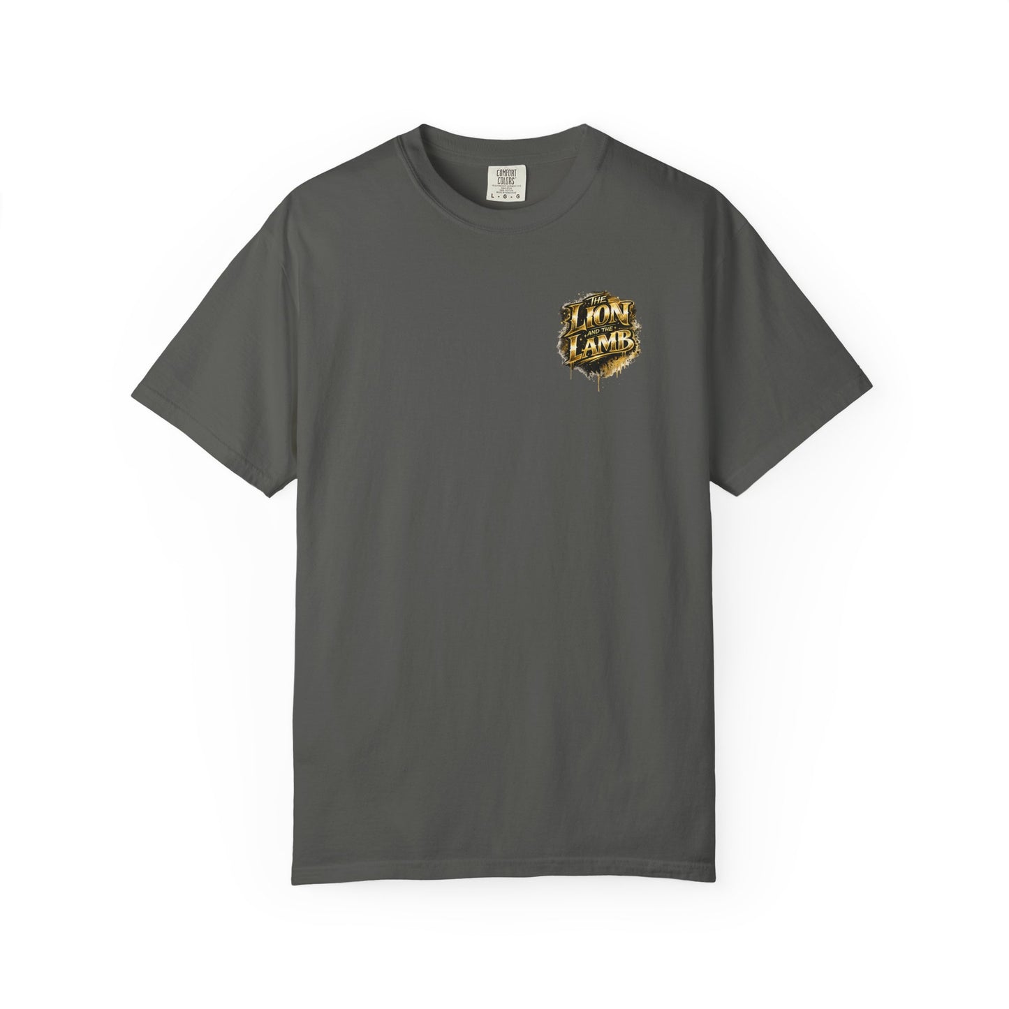 Lion and Lamb Christian T-Shirt | Faith-Based Graffiti Streetwear Tee | Gold Urban Christian Graphic Shirt | Religious Lion Lamb Apparel