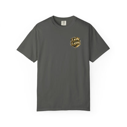 Lion and Lamb Christian T-Shirt | Faith-Based Graffiti Streetwear Tee | Gold Urban Christian Graphic Shirt | Religious Lion Lamb Apparel