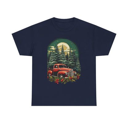 Vintage Red Truck Christmas Tee — Retro Holiday Truck with Evergreen Forest & Berries