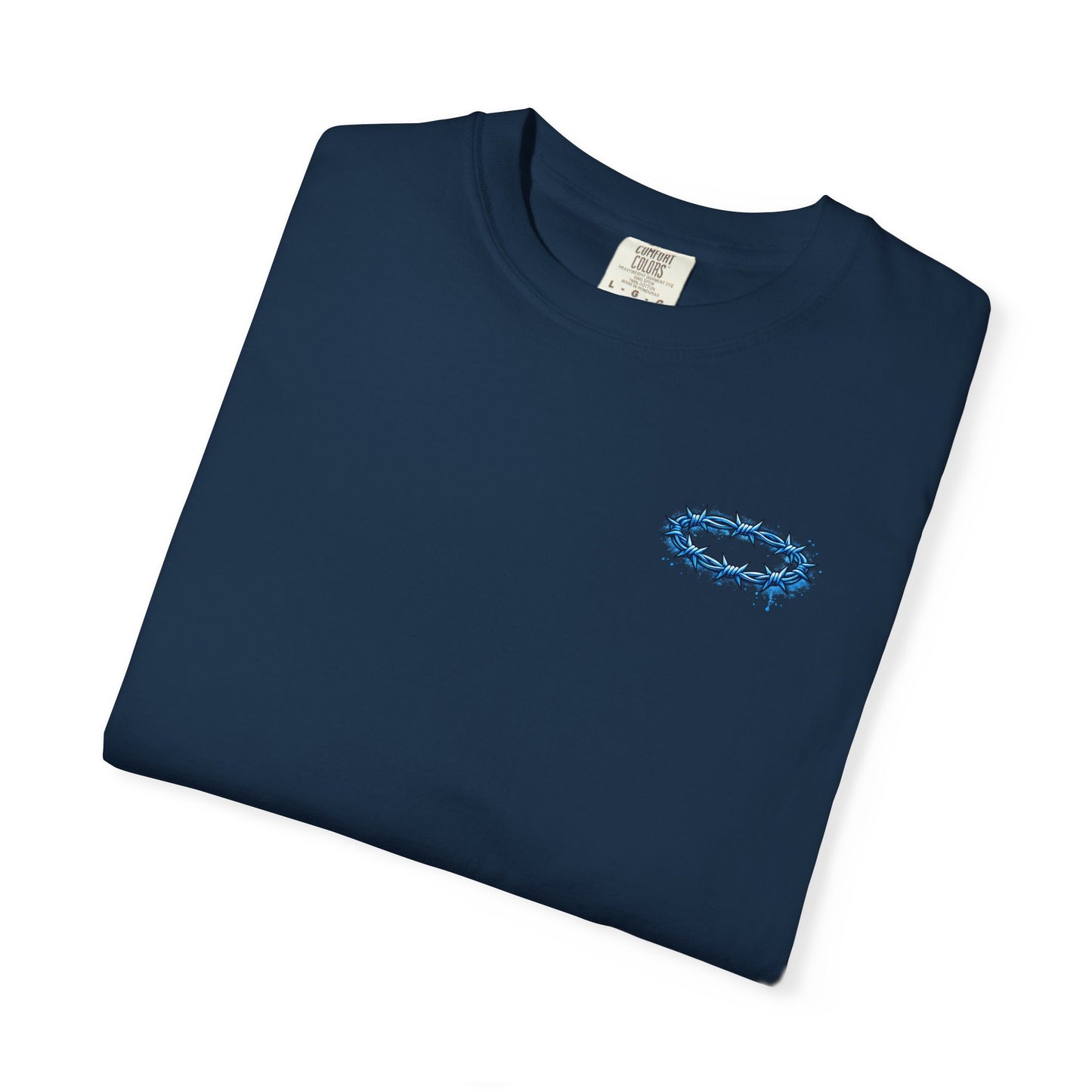 Graphic T-Shirt — Blue Barbed Halo with 'Sovereign' Bubble Letter Back Print