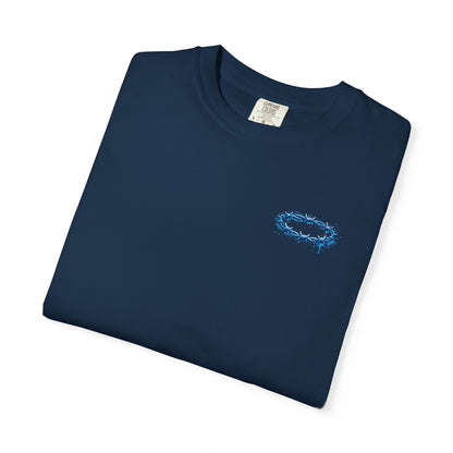 Graphic T-Shirt — Blue Barbed Halo with 'Sovereign' Bubble Letter Back Print