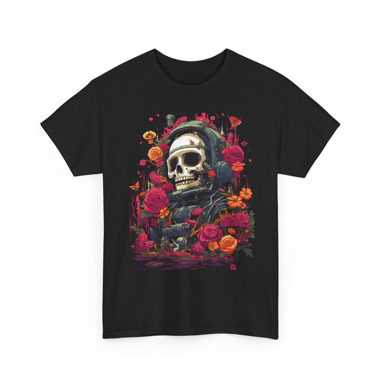 Floral Skull Graphic T-Shirt – Gothic Streetwear Skull with Roses, Dark Aesthetic Skeleton Tee, Edgy Unisex Graphic Shirt