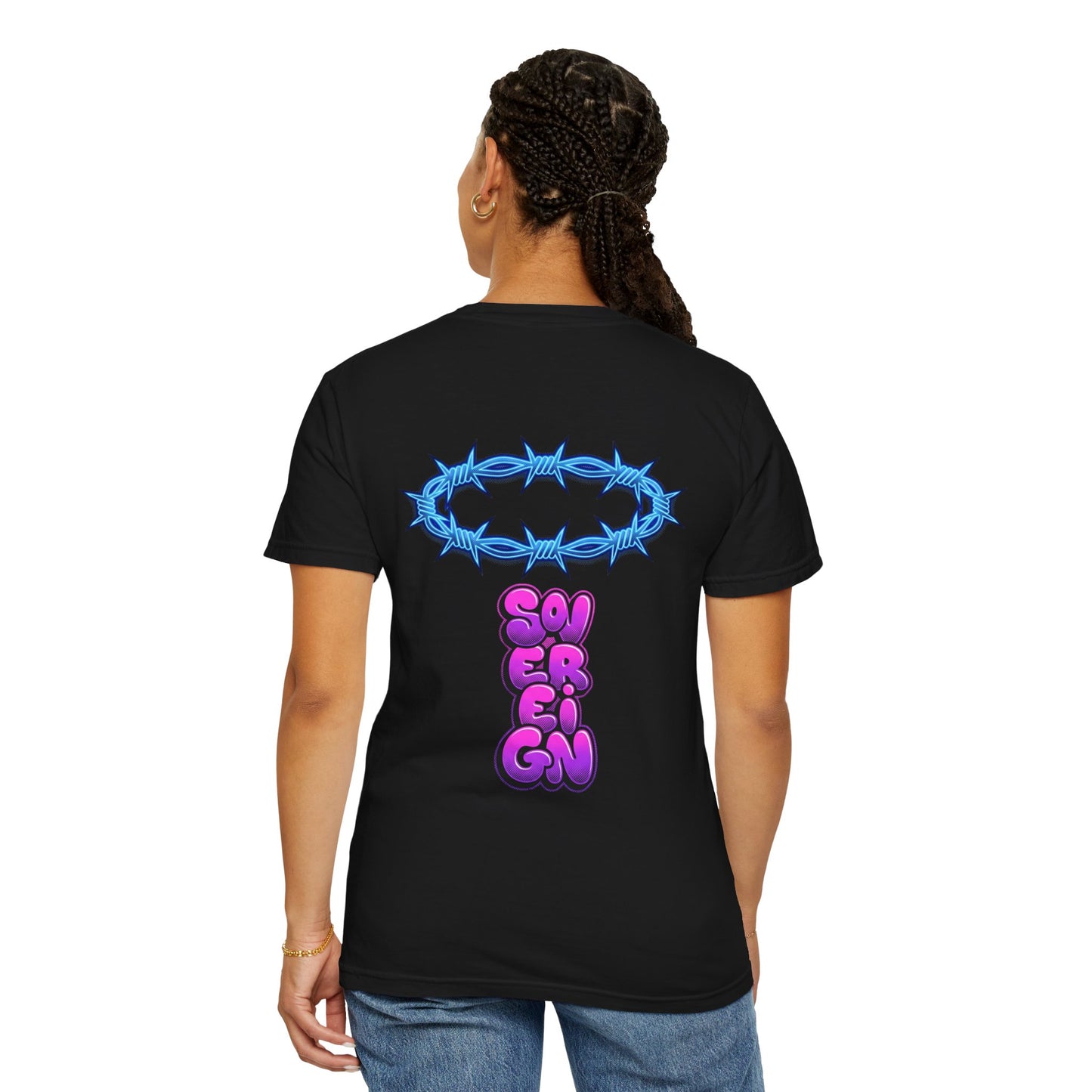 Graphic T-Shirt — Blue Barbed Halo with 'Sovereign' Bubble Letter Back Print