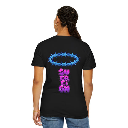 Graphic T-Shirt — Blue Barbed Halo with 'Sovereign' Bubble Letter Back Print