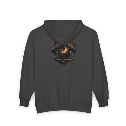 Infinite Within Black Zip Hoodie — Cosmic Eye Graphic Zip-Up