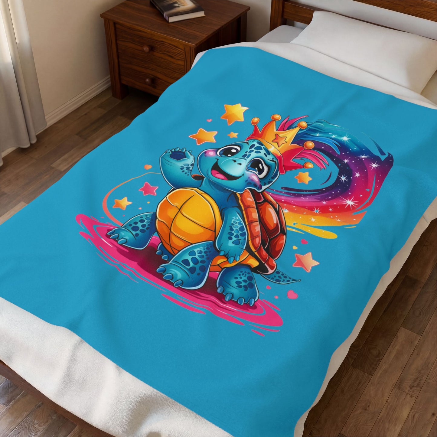 Cute Rainbow Turtle Velveteen Plush Blanket — Soft Kids Throw with Crowned Turtle Design