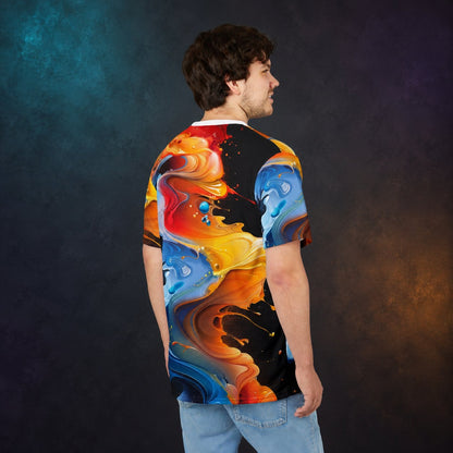 Back and side view of a man wearing the abstract fluid art all-over print T-shirt on a charcoal studio background.