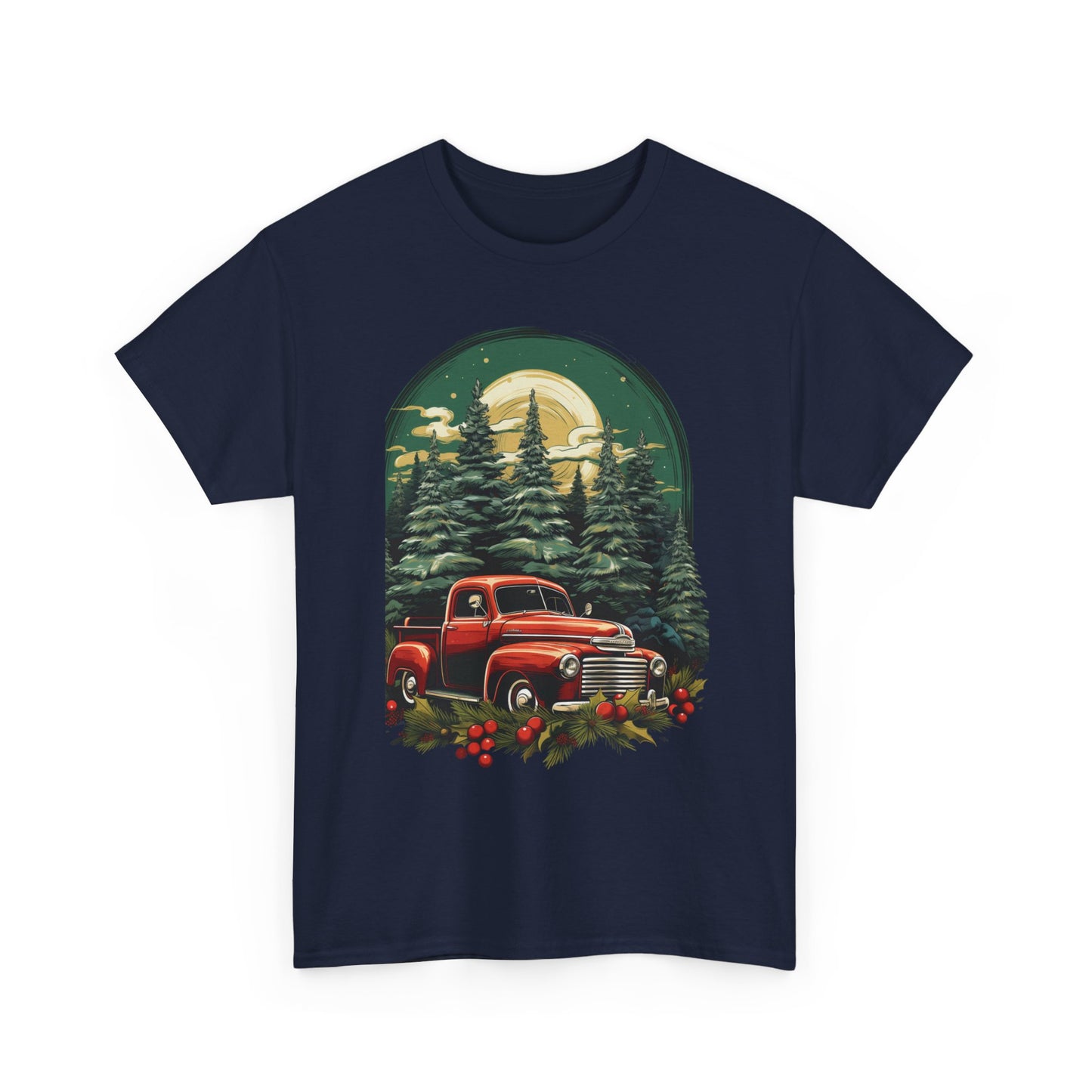 Vintage Red Truck Christmas Tee — Retro Holiday Truck with Evergreen Forest & Berries