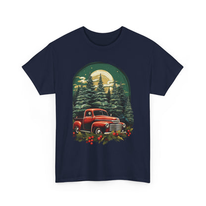 Vintage Red Truck Christmas Tee — Retro Holiday Truck with Evergreen Forest & Berries