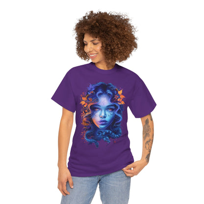 Medusa Moonlight Graphic Tee — Neon Mythical Woman Art T-Shirt