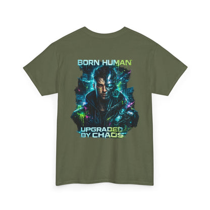 Synth Rebellion Cyberpunk T-Shirt | Born Human Upgraded by Chaos Futuristic Graphic Tee