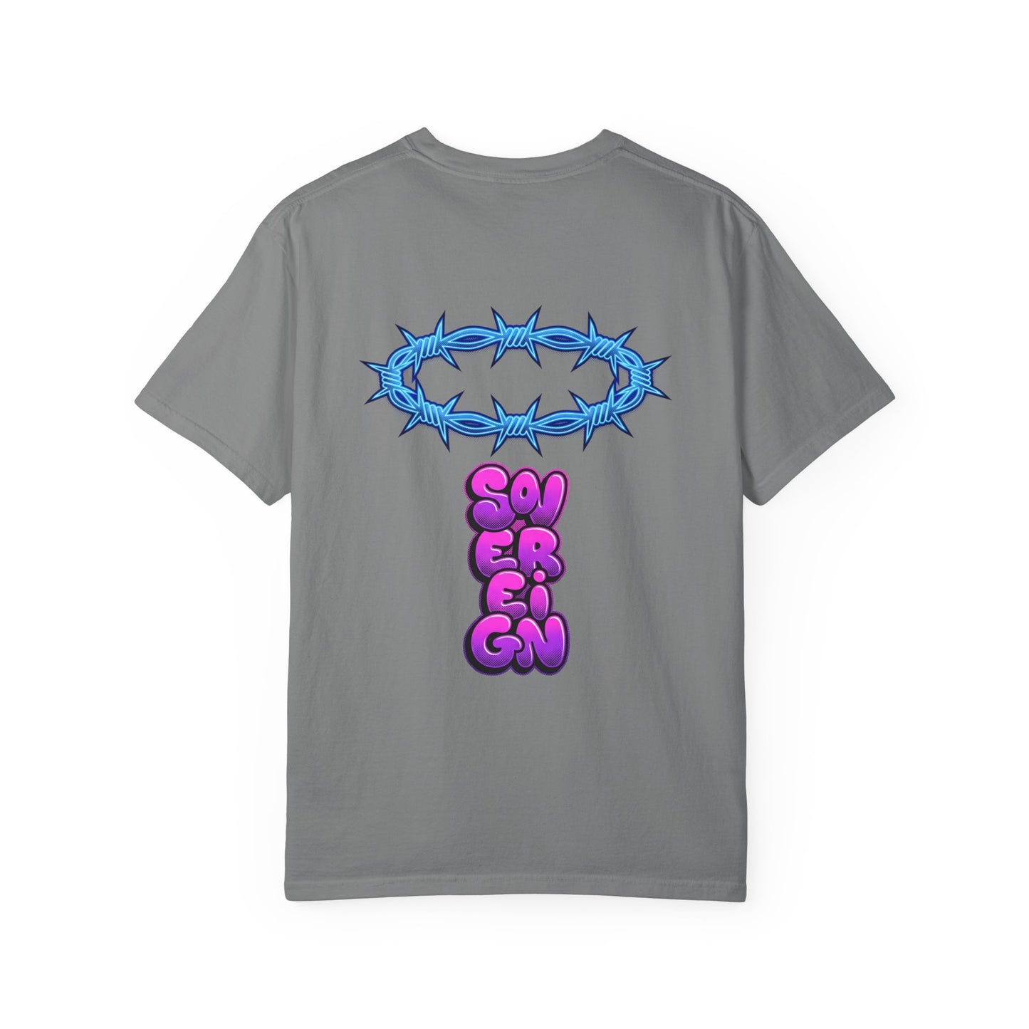 Graphic T-Shirt — Blue Barbed Halo with 'Sovereign' Bubble Letter Back Print