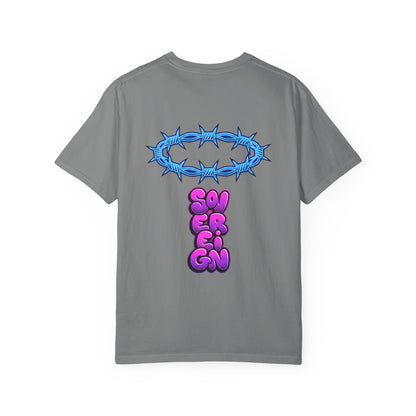 Graphic T-Shirt — Blue Barbed Halo with 'Sovereign' Bubble Letter Back Print
