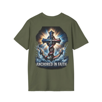 Anchored in Faith Christian T-Shirt | Patriotic Cross & Anchor Graphic Tee | American Flag Faith Shirt