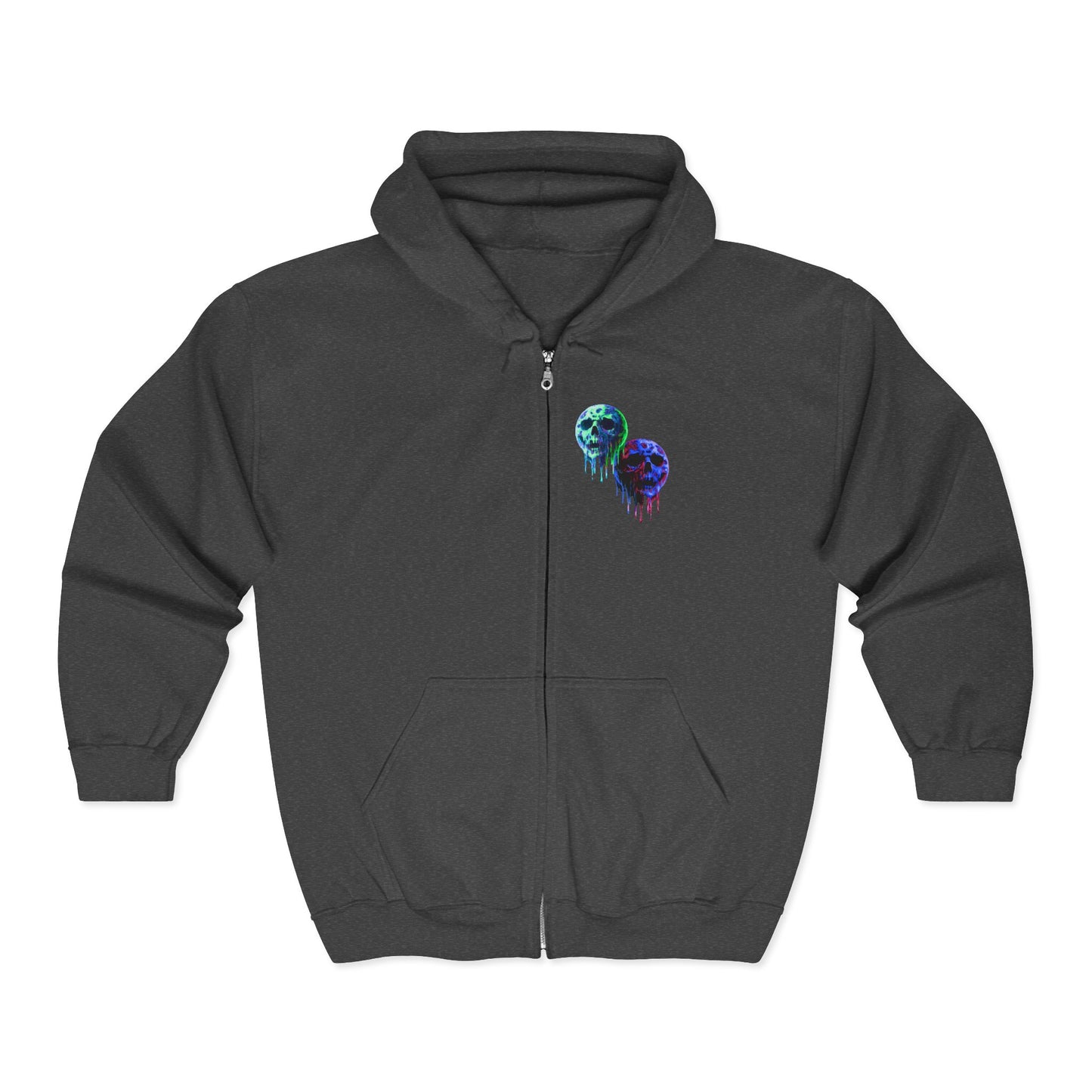 Dripping Neon Skull Zip Hoodie — Glowing Horror Graphic Full-Zip Sweatshirt