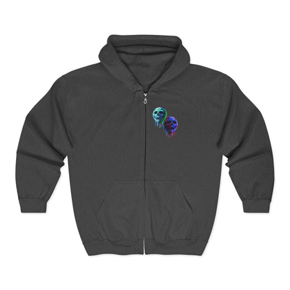 Dripping Neon Skull Zip Hoodie — Glowing Horror Graphic Full-Zip Sweatshirt