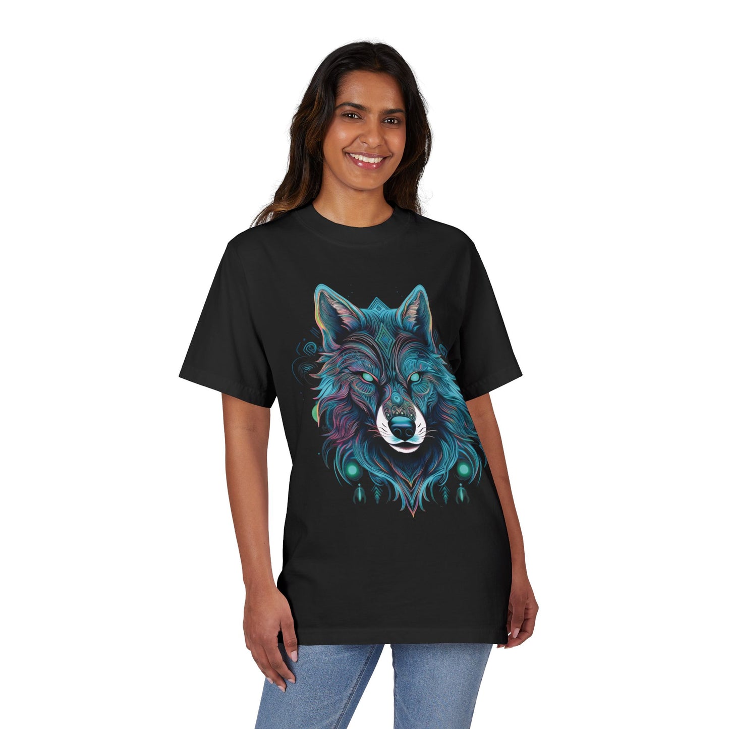 Wolf Face Graphic T-Shirt — Teal Mystic Wolf Art Tee