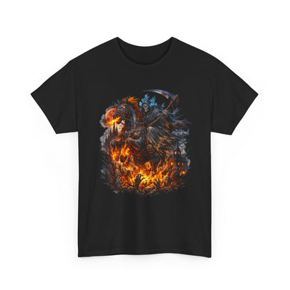 Grim Reaper Riding Flaming Horse T-Shirt – Dark Fantasy Death Rider Graphic Tee, Gothic Fire Horse Shirt, Apocalypse Streetwear