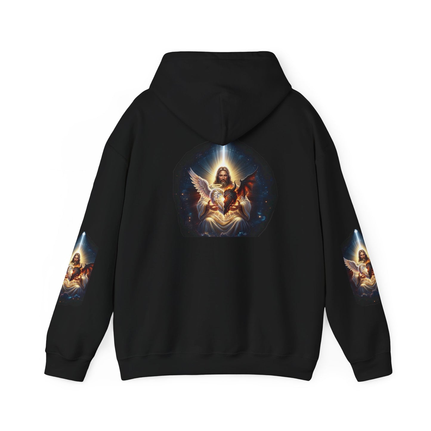 Christian Hoodie – "A Heart Divided Within Divine Grace" Religious Pullover with Angel Artwork