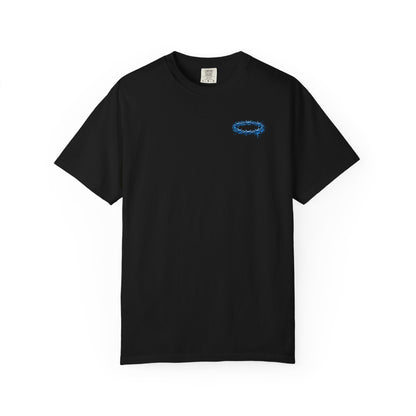 Graphic T-Shirt — Blue Barbed Halo with 'Sovereign' Bubble Letter Back Print