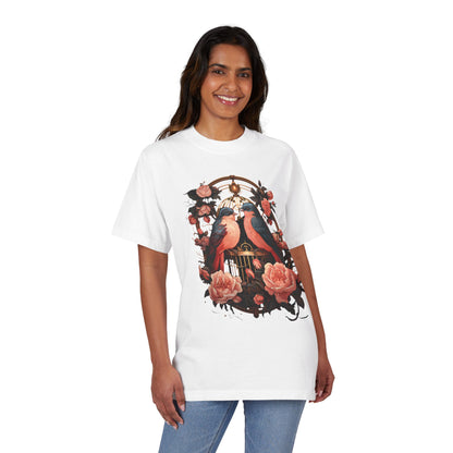 Vintage Birdcage Floral T-Shirt – Romantic Birds Graphic Tee, Cottagecore Aesthetic Shirt, Soft Nature Lover Gift