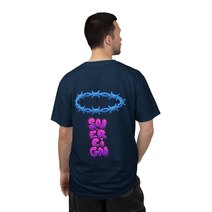 Graphic T-Shirt — Blue Barbed Halo with 'Sovereign' Bubble Letter Back Print
