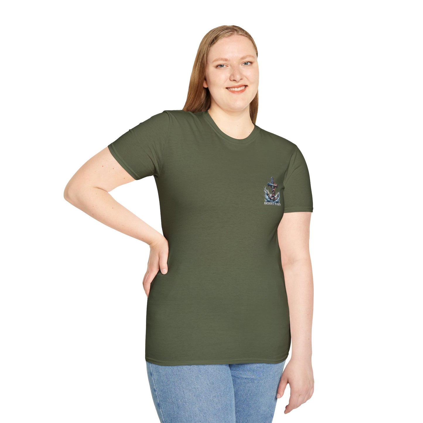Anchored in Faith Christian T-Shirt | Patriotic Cross & Anchor Graphic Tee | American Flag Faith Shirt