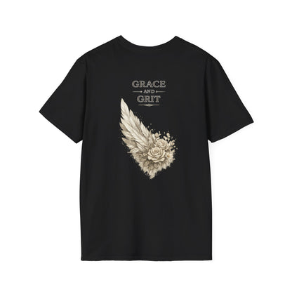 Grace and Grit Women's T-Shirt | Floral Wing Graphic Tee, Inspirational Women's Shirt, Strength and Grace Gift for Her