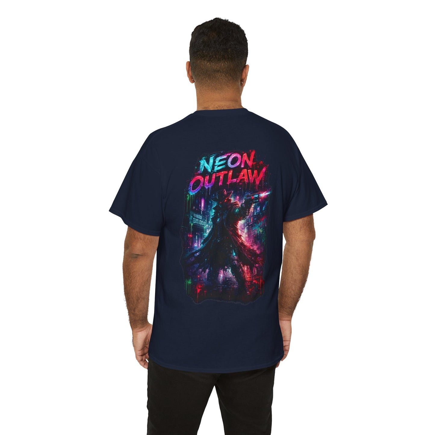 Neon Outlaw Cyberpunk T-Shirt | Futuristic Bounty Hunter Graphic Tee, Sci-Fi Streetwear Shirt