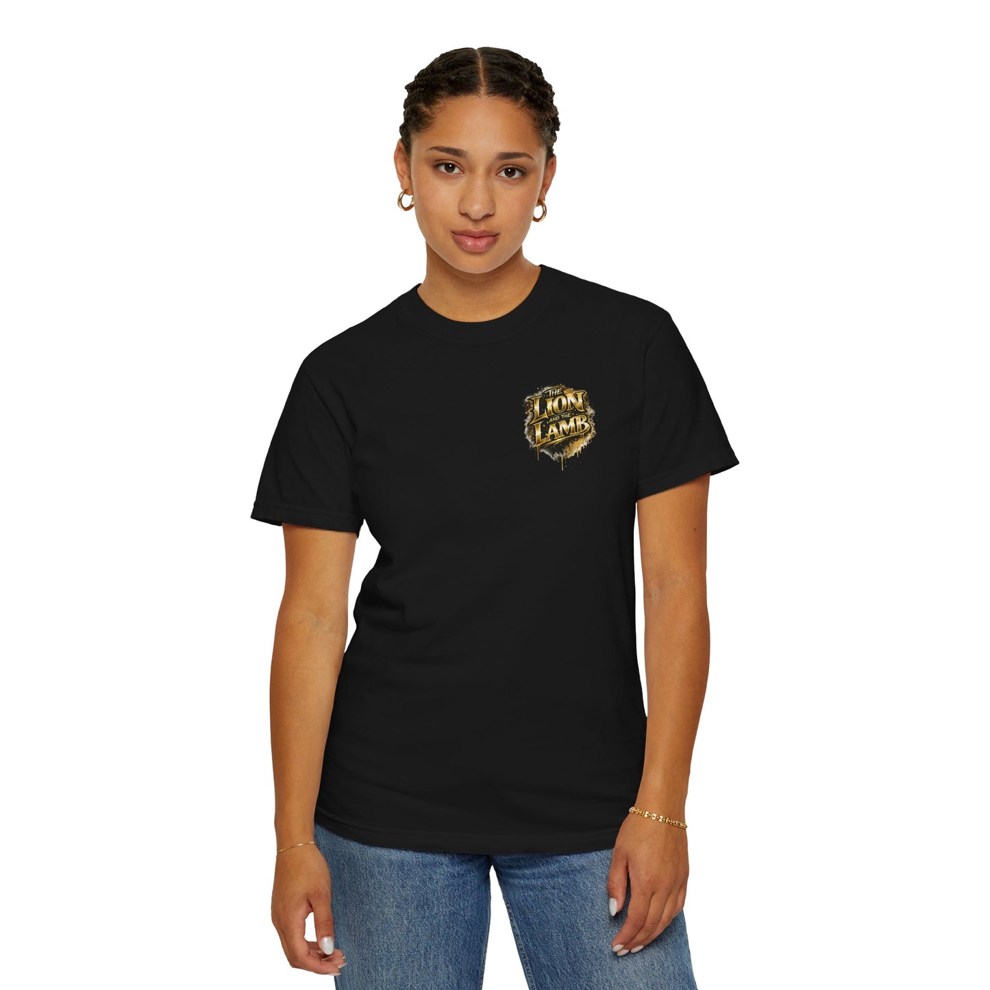 Lion and Lamb Christian T-Shirt | Faith-Based Graffiti Streetwear Tee | Gold Urban Christian Graphic Shirt | Religious Lion Lamb Apparel
