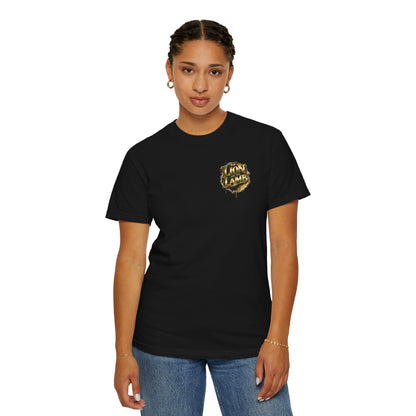 Lion and Lamb Christian T-Shirt | Faith-Based Graffiti Streetwear Tee | Gold Urban Christian Graphic Shirt | Religious Lion Lamb Apparel