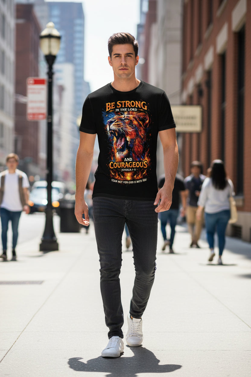 Be Strong in the Lord Lion Tee — Joshua 1:9 Christian T-Shirt