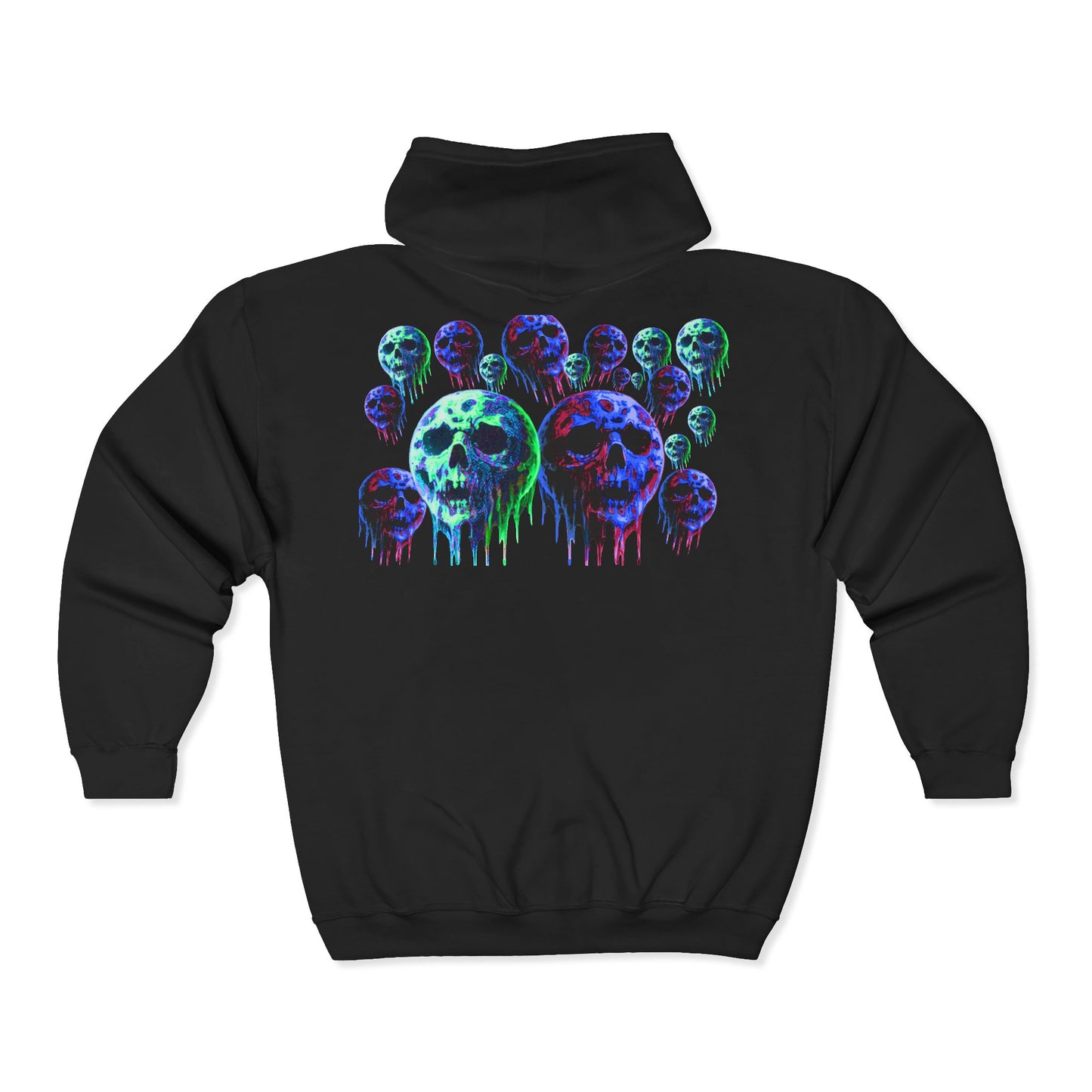 Dripping Neon Skull Zip Hoodie — Glowing Horror Graphic Full-Zip Sweatshirt