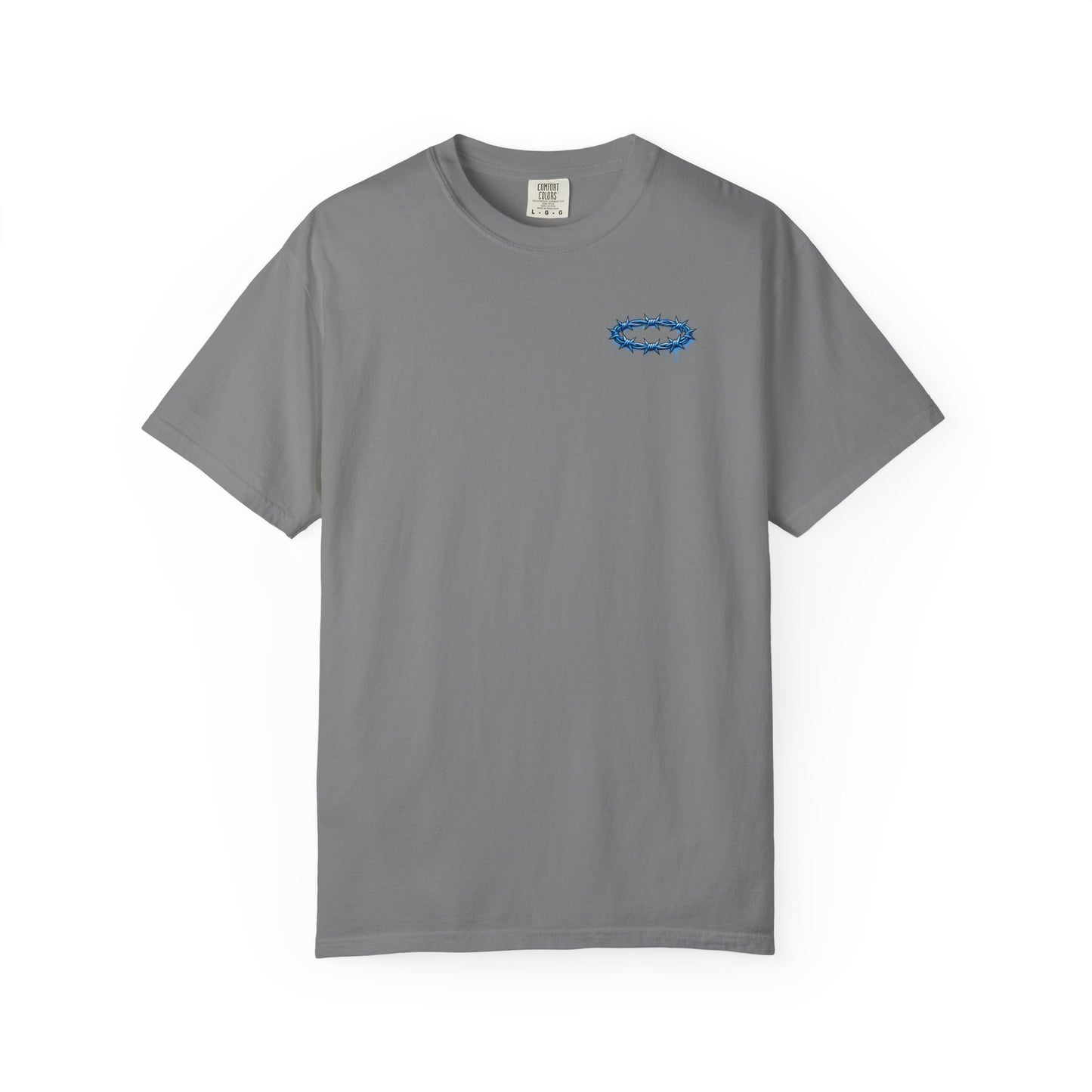 Graphic T-Shirt — Blue Barbed Halo with 'Sovereign' Bubble Letter Back Print