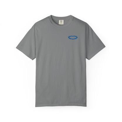 Graphic T-Shirt — Blue Barbed Halo with 'Sovereign' Bubble Letter Back Print