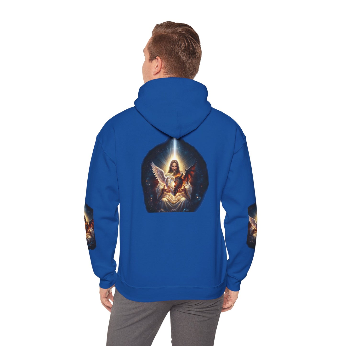 Christian Hoodie – "A Heart Divided Within Divine Grace" Religious Pullover with Angel Artwork