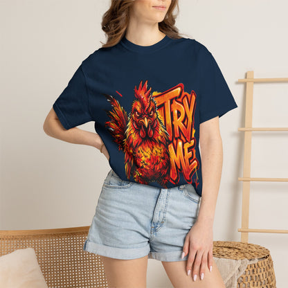 Try Me Rooster T-Shirt — Fiery Graphic Tee for Bold Attitude