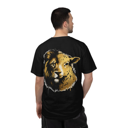 Lion and Lamb Christian T-Shirt | Faith-Based Graffiti Streetwear Tee | Gold Urban Christian Graphic Shirt | Religious Lion Lamb Apparel
