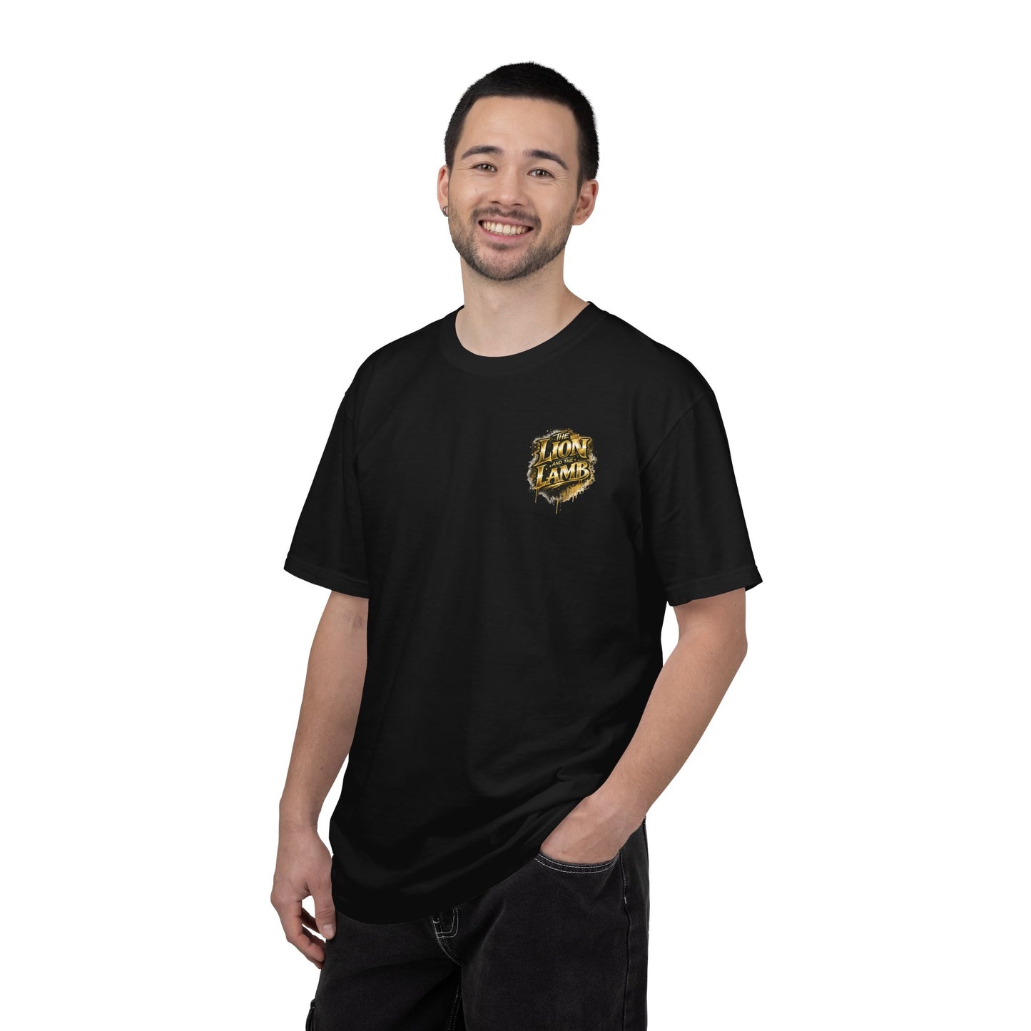 Lion and Lamb Christian T-Shirt | Faith-Based Graffiti Streetwear Tee | Gold Urban Christian Graphic Shirt | Religious Lion Lamb Apparel