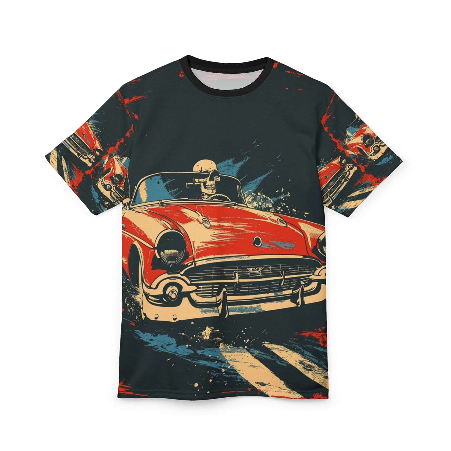 Vintage Red Convertible Tee — Retro Skull Driver All-Over Print