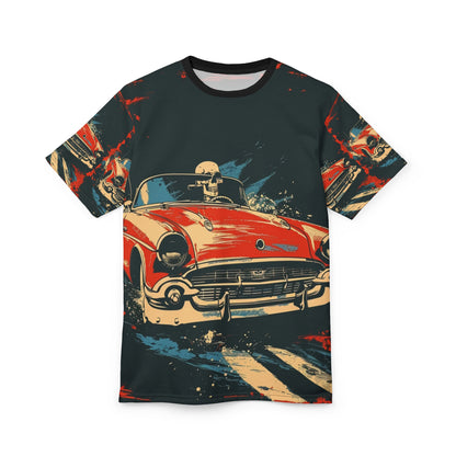 Vintage Red Convertible Tee — Retro Skull Driver All-Over Print