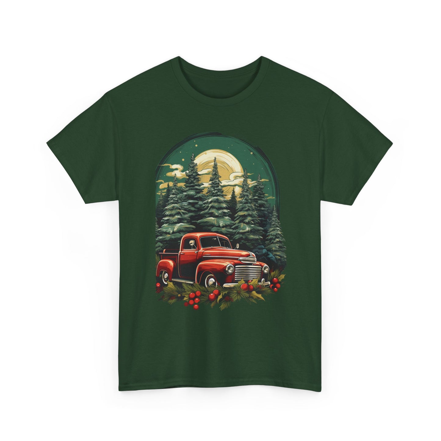 Vintage Red Truck Christmas Tee — Retro Holiday Truck with Evergreen Forest & Berries