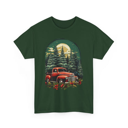 Vintage Red Truck Christmas Tee — Retro Holiday Truck with Evergreen Forest & Berries