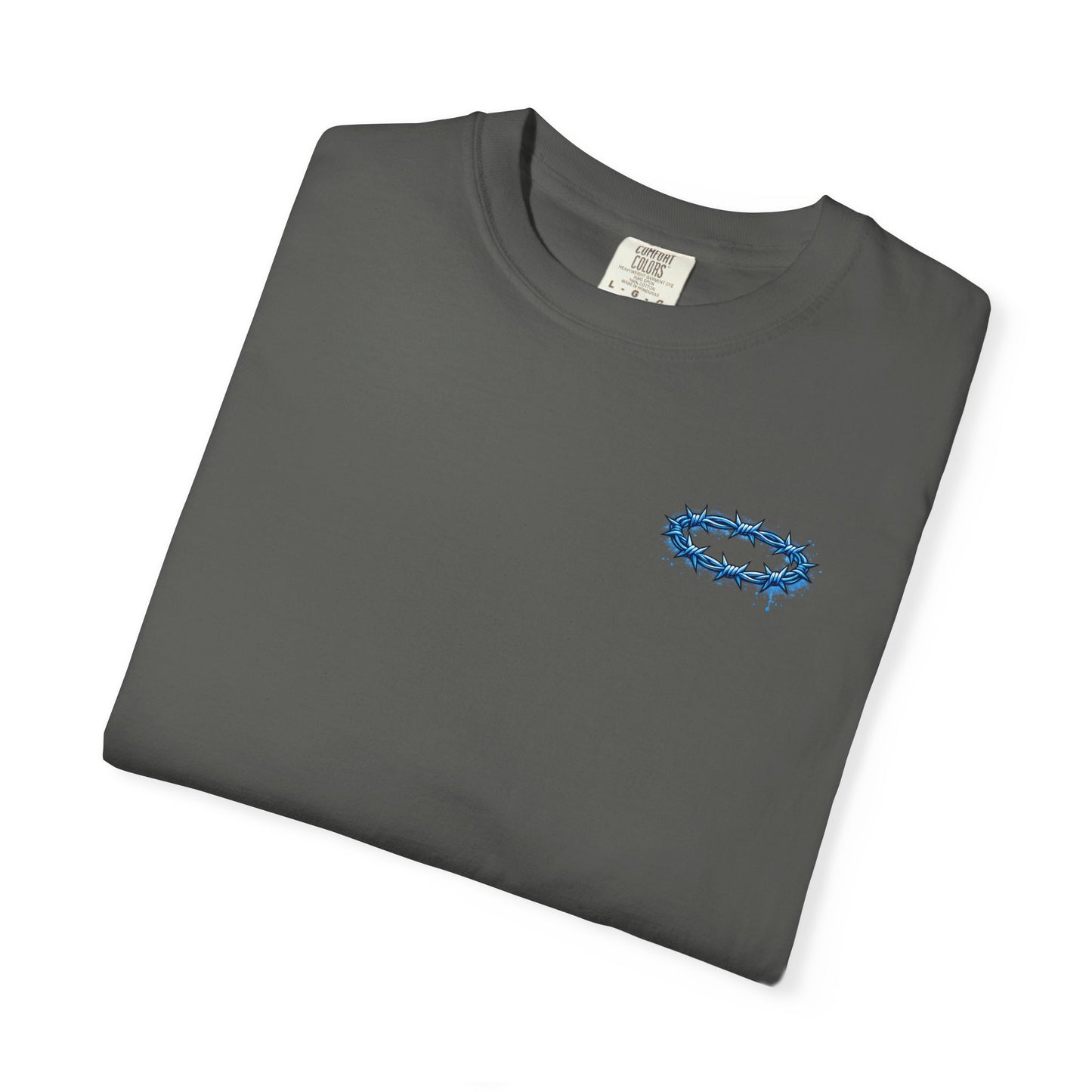 Graphic T-Shirt — Blue Barbed Halo with 'Sovereign' Bubble Letter Back Print