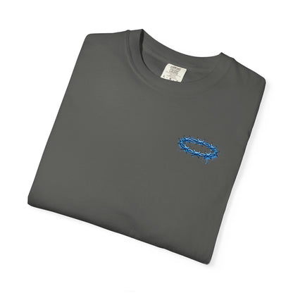 Graphic T-Shirt — Blue Barbed Halo with 'Sovereign' Bubble Letter Back Print