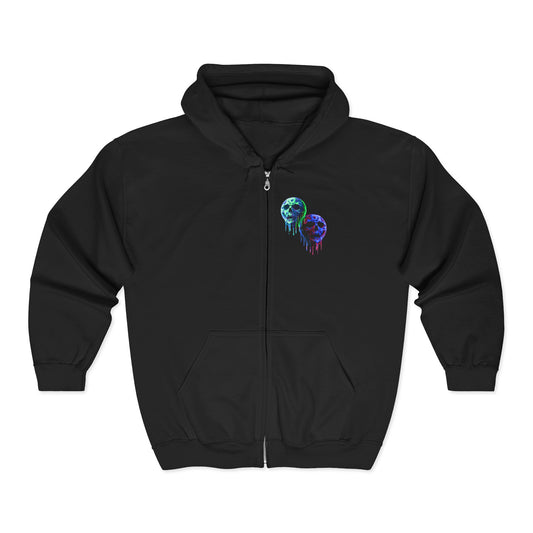 Dripping Neon Skull Zip Hoodie — Glowing Horror Graphic Full-Zip Sweatshirt