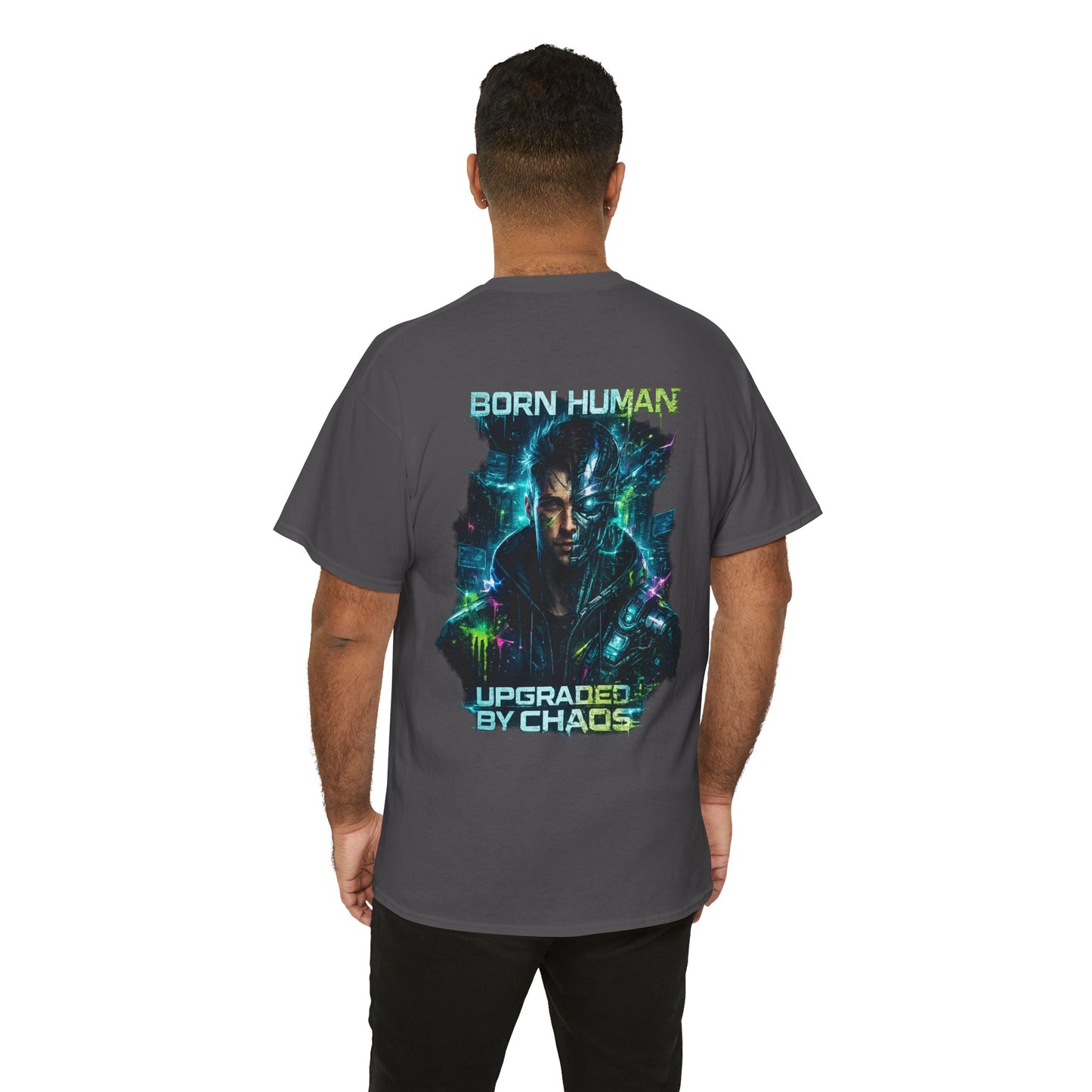 Synth Rebellion Cyberpunk T-Shirt | Born Human Upgraded by Chaos Futuristic Graphic Tee