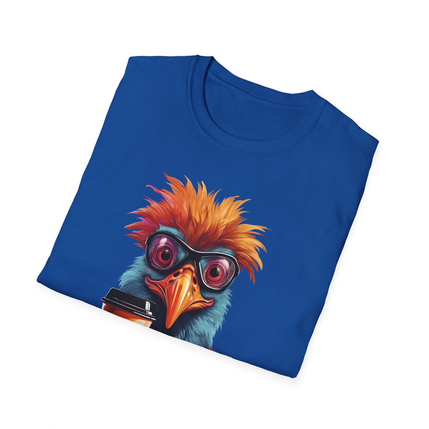 Coffee Bird T-Shirt — Quirky Colorful Bird Holding Coffee Graphic Tee