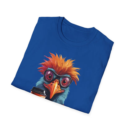 Coffee Bird T-Shirt — Quirky Colorful Bird Holding Coffee Graphic Tee